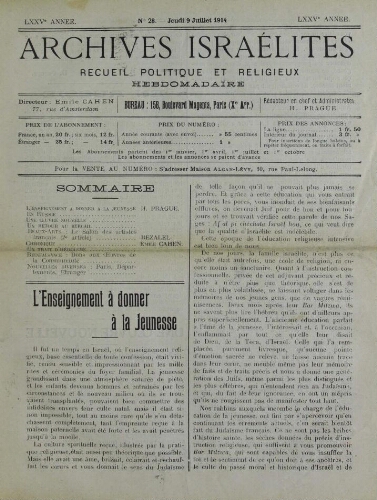 Archives israélites de France. Vol.75 N°28 (09 juil. 1914)